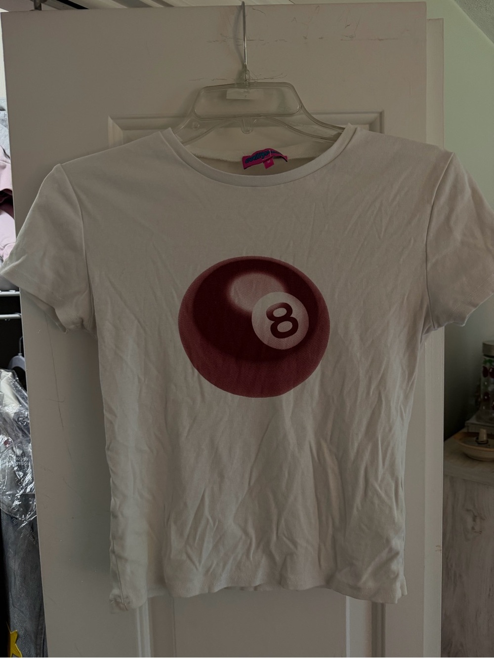 Edikted White Short Sleeve Tee with Burgundy 8-Ball Graphic